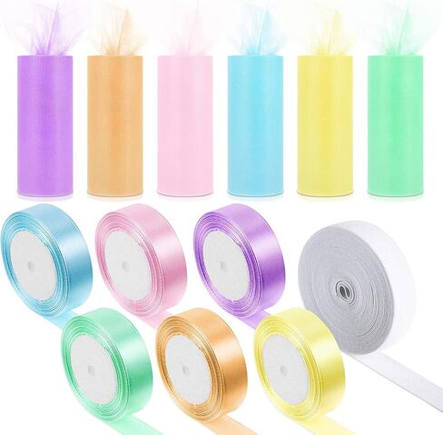13 Pcs Tulle Fabric Roll and Satin Ribbon Bulk Tulle Ribbon (6" by 25 Yd) Rainbow Ribbon (1" by 24 Yd) for DIY Tutu Skirt Craft Gift Wrapping Christmas Party Decoration Supplies(Pastel Colors) in Saudi Arabia