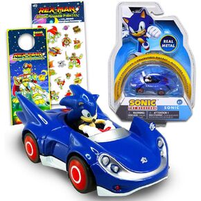 Sonic the Hedgehog Diecast Toy Race Car - Bundle with Sonic Pull Back Car Toy Plus Stickers, More | Sonic Race Car Set for Kids, Boys