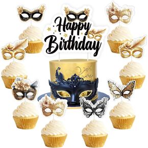 JOYMEMO 25 Pcs Black Gold Masquerade Birthday Cake Decorations - Masquerade Happy Birthday Cake Topper, Masquerade Cupcake Toppers for Women, Masquerade Mardi Gras Party Supplies