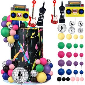 34 PCS 80s 90s Cake Toppers Retro Disco Hip Hop Cake Decorations with Colorful Ball Radio Mobile Phone and Red Guitar Cake Decor for Throwback Party Supplies