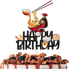 Black Glitter Happy Birthday Cake Topper Cheer to Japanese Food Noodle Theme Party Decoration Supplies Men Women Happy Birthday Anniversary Wedding Party Decor Supplies