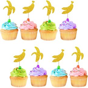 24pcs Banana Cupcake Toppers, Fruit Banana Cupcake Toppers for Baby Shower, Gold Glitter Let's Go Bananas Cake Decorations for Baby Shower/Tropical Fruit Themed Party Supplies