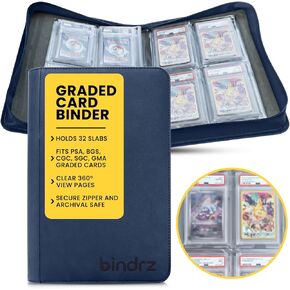 4 Pocket Graded Card Binder – Holds 32 Slabs - Archival Safe Zipper Album Storage Compatible with PSA, BGS, CGC, SGC, GMA and AGS Slab (Blue)