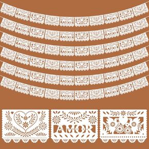TaoBary 6 Pack Mexican Wedding Decorations White Papel Picado Banner White Mexican Banners 118 Feet Mexican Wedding Hanging Banner for Mexican Themed Party Para Decorations