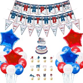 Hockey Party Decorations, Happy Birthday Banner, Ice Hockey Theme Cake Toppers, Latex Balloons and Tablecloth for Kids Party Sports Ice Hockey Birthday Party Supplies