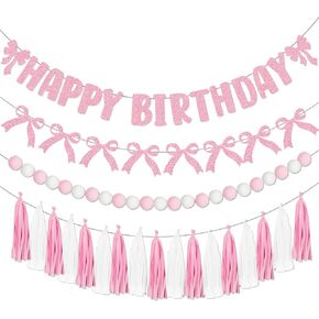 Pink Bow Birthday Party Decorations, Coquette Birthday Decorations Include Pink Bow Happy Birthday Banner Garland Party Tassel Pink Pom Pom Banner, Pink Bow Decorations