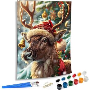SKRYUIE Paint by Numbers Kit for Adults Beginner Elk Deer, Acrylic Christmas Oil Painting by Numbers Kits with PaintBrushes Paintwork Art Crafts Canvas for Home Decor 16x20 inch d2