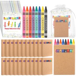 24 Set Valentine‘s Day Gifts Valentines Cards with Caryons Bulk Colorful Crayons with Cards Valentine‘s Day Cards Exchange for School Classroom Supplies Valentines Party Favor Sets