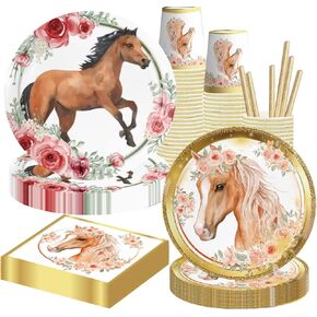Horse Party Supplies-Complete Pack Horse Party Tableware Set Including Horse Party Plates Cups Napkins Straws Serves 10 for Horse Birthday Baby Shower Decorations