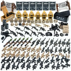 Military Weapon Pack Army Accessories Kits Toys Include Camouflage Guns Shields E.O.D Suits for Army Soldiers Weapons Equipment Gear Set Compatible with Major Minifigure Building Block Toy (200+pcs)