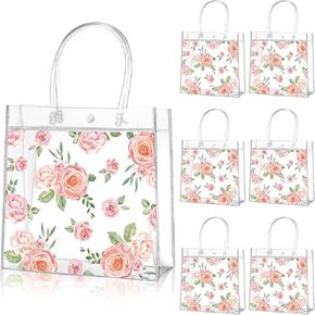 Aliceset 20 Pcs Clear Floral PVC Gift Bags with Handles Flower Rose Party Goodie Treat Bags for Tea Party Mother's Day Baby Shower Spring Birthday Bridal Shower, 8 x 8 x 3.15 Inch