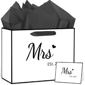 EST 2025 Wedding Gifts Bag Bridal Shower Gift Bags White Black Engagement Mr & Mrs Gifts Bag with Tissue Paper Card Wedding Gift Wrapping Paper Bag Anniversary Wedding Shower Gift Bag for Couple