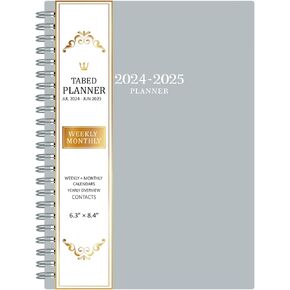 2024-2025 Planner - Planner Weekly and Monthly with Tabs, 6.3" x 8.4", JUL 2024 - JUN 2025, Weekly and Monthly Planner 2024-2025 with Back Pocket + Thick Paper + Twin-Wire Binding - Grey