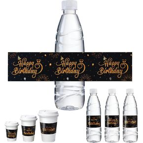 Nezyo 30 Pieces Black and Gold Happy Birthday Party Water Bottle Labels, Waterproof Water Wrapper Labels Personalized Bottle Decorations Stickers for Girls Boys Women Men Birthday(Black Gold Style)