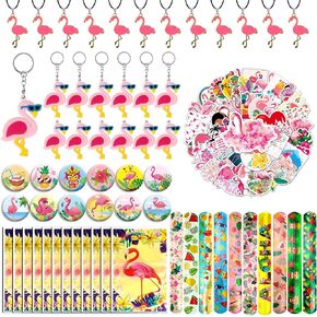 110 PCS Flamingo Party Favors Pink Flamingo Goodie Bags with Keychains, Stickers, Slap Bracelets, and Bags for Flamingo Themed Birthday Party Hawaiian Aloha Party