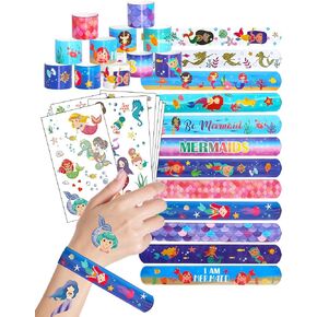 104PCS Mermaid Party Favors 80PCS Tattoos 24PCS Slap Bracelets Wristbands, Themed Birthday Party Favors Supplies Decorations Gifts For Game Prizes Reward