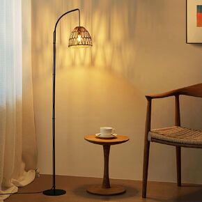 SUNLLOK Metal Tripod Floor Lamp for Living Room, Industrial Wooden Lampshade Tall Standing Lamp with Foot Switch, Modern Black Woven Boho Floor Light for Kitchen Island, Bedroom, Office, Restaurant
