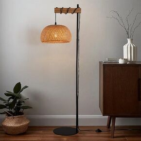 SUNLLOK Metal Tripod Floor Lamp for Living Room, Industrial Wooden Lampshade Tall Standing Lamp with Foot Switch, Modern Black Woven Boho Floor Light for Kitchen Island, Bedroom, Office, Restaurant