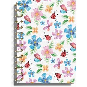 Floral Aesthetic Spiral Notebook Journal for Women, Cute Composition Notebook, Pretty Notebook, Watercolor Flower Ladybug Hardcover Spiral Notebooks for Work Note Taking, 5.5x8.3