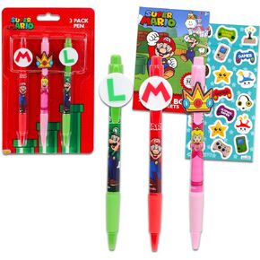 مجموعة Super Mario Pens - حزمة مع 3 أقلام مع مقطع بالإضافة إلى ملصقات للأطفال تخزين المواد الغذائية هدية قرطاسية Bros للبنين والبنات