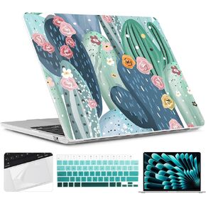 TWOLSKOO for M3 M2 MacBook Air 15 Inch Case 2024 2023 A3114 A2941 with Touch ID, Plastic Hard Shell Cover with Screen Protector & Keyboard Cover for MacBook Air 15.3", Cute Cactus
