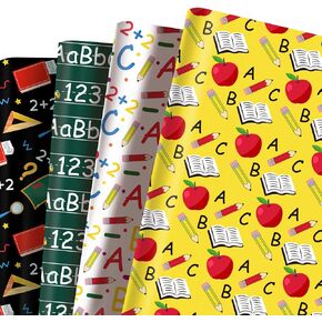 12 Sheets Wrapping Paper, 20x27in School Opening Gift Wrap Paper ABC Apples School Bus Patterns Wrapping Paper for Back to School Decor Gift Wrapping (School)