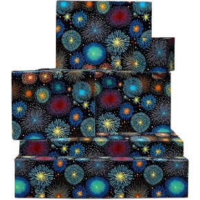 CENTRAL 23 Black Wrapping Paper - 6 Sheets Of Gift Wrap For Men Women - Colorful Fireworks Print For Birthday, 4th Of July, Christmas, New Year - Comes With Stickers
