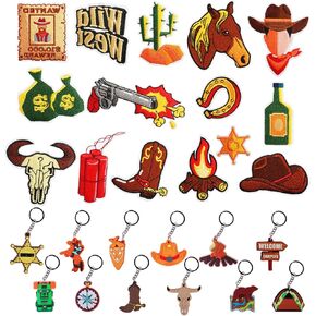 15PCS Embroidery Iron-On Patch with 12PCS Cowboy Style Keychain Embroidery Patch Chenille Applique Clothing,Sewing Applique for Jackets, Hats, Backpacks, Jeans, DIY Accessories