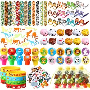 146 Pieces Jungle Safari Party Favors Wild Animals Birthday Party Gifts Set Clap Bracelets Silicone Wristbands Stickers Glasses Pull Back Car Stampers Stretchy Sticky Animals Badges Gift Bags
