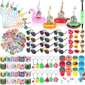 159 PCS Hawaiian Luau Party Party Favors حامل مشروب قابلة للنفخ عائم مجموعة قش قش شمسي ستامبر سوار سوار المفتاح ملصق حلقة المفاتيح لحركة البلياردو الشاطئ /هاواي /لوا /عيد ميلاد ديكورات