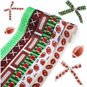 6 Rolls Football Ribbon, 30 Yards Rugby Field Pattern Grosgrain Ribbons Brown Green Sports Decorative Craft Ribbon for Gift Wrapping Party Decor DIY Crafts Wreath Making - 7/8 Inch