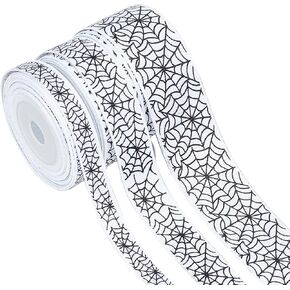 GORGECRAFT 15Yards Halloween Wired Edge Ribbon 9/16/25mm Wide Spider Web Lace Ribbon Black Printed Polyester Grosgrain Striped Ribbons for Wreath Costume Decoration DIY Crafting Home Decor