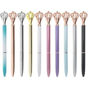 10 Pack Crown Top Pens, Bling Crystal Fancy Metal Ballpoint Pens with 1.0 mm Black Ink, Signature Writing Pen for Office School Wedding Gift
