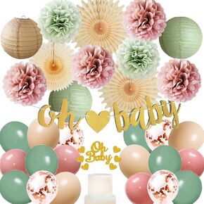 Dusty Rose and Sage Green Baby Shower Decorations Oh Baby Sage Green Baby Shower Decorations for Girl Cream Paper Fans Lanterns Tissue Paper Pom Poms Blush Pink Balloons Kit with Oh Baby Cake Topper