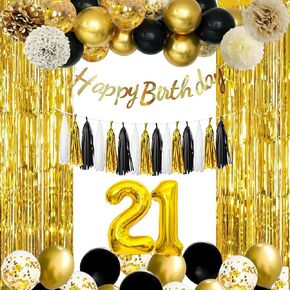 21st Birthday Decorations for Him, Happy 21st Birthday Decorations with Number 21 Foil Balloon, 21st Birthday Balloons Fringe Curtains for 21st Birthday Party Supplies