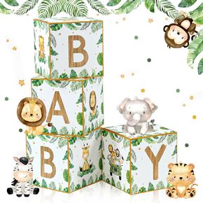 Brown Baby Balloon Boxes with 27 Letters - 4 Pcs Wooden Grain Baby Shower Blocks and A-Z+B Letters Woodland and Teddy Bear Decoration for Baby Shower, Gender Reveal, 1st Birthday Party Backdrop.