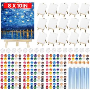 8 Pack Canvas and Easel Set for Party, 8x10in Canvas Painting Set with Wood Easels, Brushes, Paint Trays & Acrylic Paints, Paint Party Supplies Canvas Painting Kits for Adults & Kids