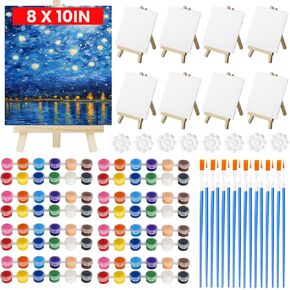 16 حزمة من القماش و aseel مجموعة للحفلات ، طلاء 8x10in canvas مجموعة مع easels الخشب ، فرش ، صواني الطلاء ودهانات الأكريليك ، وملحات الطلاء لحفلات الطلاء مجموعات الطلاء للبالغين والأطفال