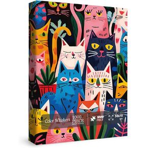 Colorful Cat Puzzle for Adults 1000 Pieces, Funny Animal Jigsaw Puzzle, Cute Kitten Plant Puzzle
