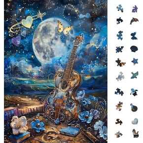 Guitar Moon Night Jigsaw Puzzles for Adults 1000 Pieces, Murder Mystery, Unique Brain Challenging Shaped Puzzle for Game Night, Family, Friends, Puzzle Size is 19.2 x 26.6