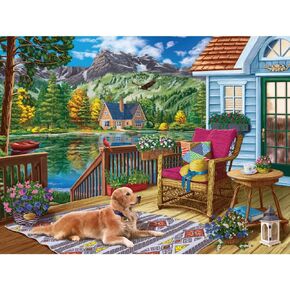 Bits and Pieces – 500 Piece Jigsaw Puzzle for Adults – Terrace Near The Mountain Lake - Lakehouse Dog Jigsaw Puzzle by Image World, Completed Puzzle Size: 18" x 24"