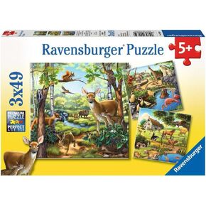 Ravensburger Animals of The Forest, Zoo & Farm 3x49 Piece Jigsaw Puzzle Set forKids - | Unique Piece Design | Anti-Glare Surface | Skill-Building, Fun Activity | Amazon Exclusive