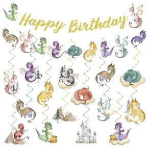 32Pcs Watercolor Magic Dragon Hanging Swirls Banner Fantasy Dragon Birthday Party Supplies Dragon Ceiling Swirls Cutout Banner Dragon Knight Party Decor Dragon Swirls Banner for Kids Baby Shower