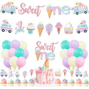 Ice Cream First Birthday Party Decorations, Sweet One Banner Cake Cupcake Toppers Macaron Balloons for Summer Ice Cream Popsicle Theme Baby 1st Birthday Girl Ice Cream One Year Old Bday Party Supplies