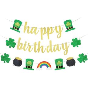Gold Happy Birthday St Patricks Day Banner St Patrick's Day Birthday Banner Shamrock Birthday Banner for Saint Patricks Day Birthday Party Decorations