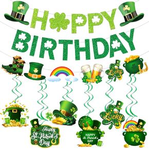 TTDQ St. Patrick's Day Birthday Banner with Garland & Hanging Decorations, Green, 8.0 x 9.0 inches, Unisex