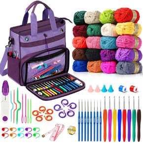 Spardar 74 pcs Crochet Kit, Crochet Kits for Beginners with Large Storage Bag,20 Pcs Crochet Yarn, 16 Pcs Crochet Hooks, Crochet Accessories for Adults, Elderly and Kids (Dark Purple&Blue)