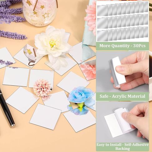 30 PCS Acrylic Mini Mirror Tiles Self Adhesive, 2 Inches Square High-Definition Tiny Mirror Tiles for Crafts and Home Wall Tables Kitchen Bathroom Decoration in Kuwait