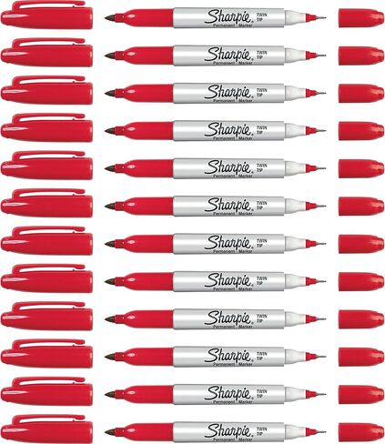 Sharpie 32202 TWIN TIP علامة دائمة من النوع الدقيق والنوع الفائق ، والألوان الأحمر ، والحبر السريع للتجفيف ، وتلاشي ومقاوم للماء ، معتمد ، حزمة 12 in Kuwait