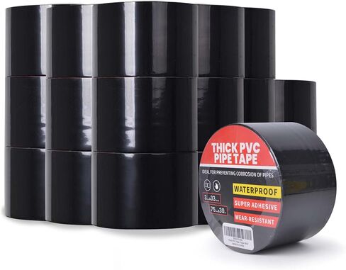 Corrosion Protection Pipe Tape, 10mil Pipe Wrap Tape for Drain Pipe, Metal Electrical Outdoor Underground Pipe, Waterproof PVC Black Tape Thicker for Hose Leak Proof, 4Inch x 33Yard in Kuwait